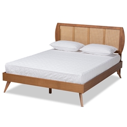 Baxton Studio Asami Mid-Century Modern Walnut Brown Finished Wood and Synthetic Rattan Full Size Platform Bed